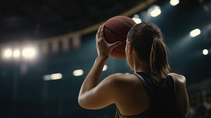 Focused athlete shooting hoops in dark indoor court