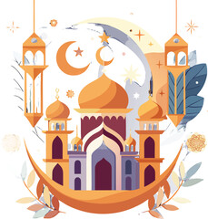 Eid Mubarak Crescent Moon with Mosque and Islamic Ornaments Vector Illustration