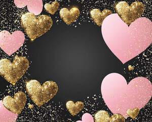 Gold Glitter Pink Hearts Background with copy space