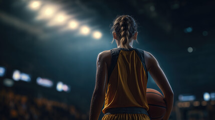 Determined female basketball player with a ball under bright arena floodlights