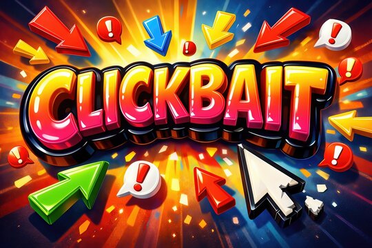 Engaging clickbait graphic illustrating vibrant expressions with dynamic arrows and radiant colors captivating digital audience interaction and encouraging exploration of online content