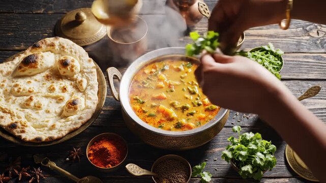 Serving Indian Curry Dish With Naan Bread and Spices on Rustic Wooden Table