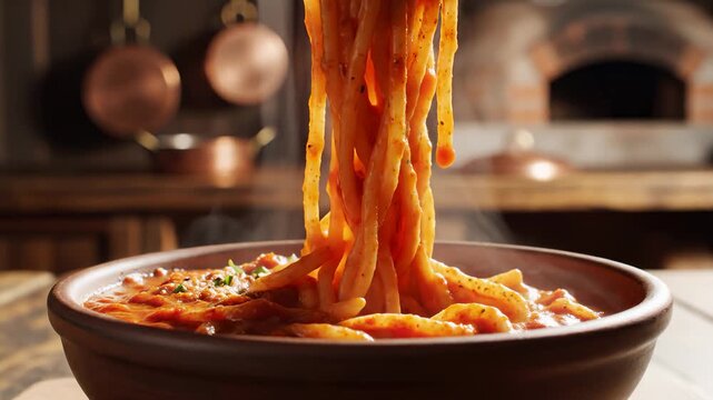 Serving Bucatini Pasta With Tomato Sauce in Rustic Kitchen