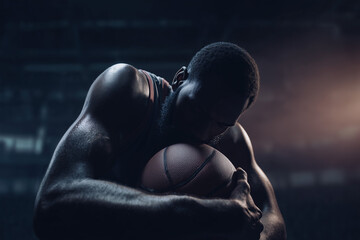 Intense portrait of muscular basketball player with head down arms clutching on a ball in a dark arena, 