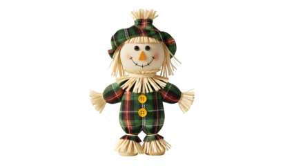 A charming scarecrow figurine with a green and red plaid outfit and hat, isolated on transparent background