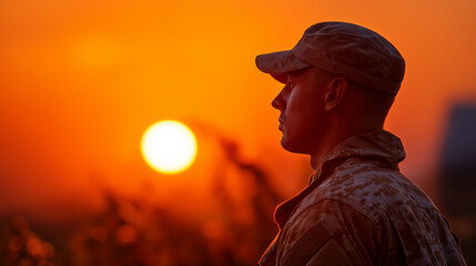 Man in military uniform standing in front of large sun, soldier silhouette, dramatic lighting, defense personnel, atmospheric backdrop , with copy space