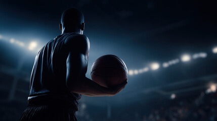 Low angle portrait of a athlete holding a basketball in the dark