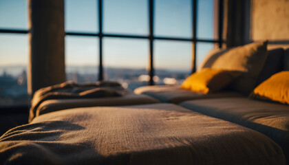 chambre moderne avec lit confortable et vue urbaine au soleil
