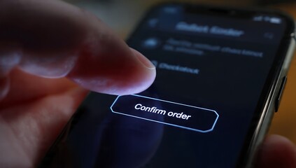 Closeup of a finger tapping Confirm order on a smartphone screen illustrating online shopping and ecommerce transactions.