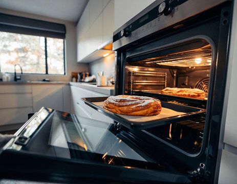 Sacando rosc&oacute;n de Reyes reci&eacute;n horneado del horno en cocina moderna con luz c&aacute;lida