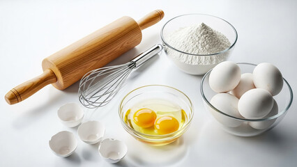 Assortment of essential baking ingredients and tools including a wooden rolling pin, whisk, whole eggs, cracked eggs, and a bowl of white flour displayed on a clean white surface ready for dough prepa