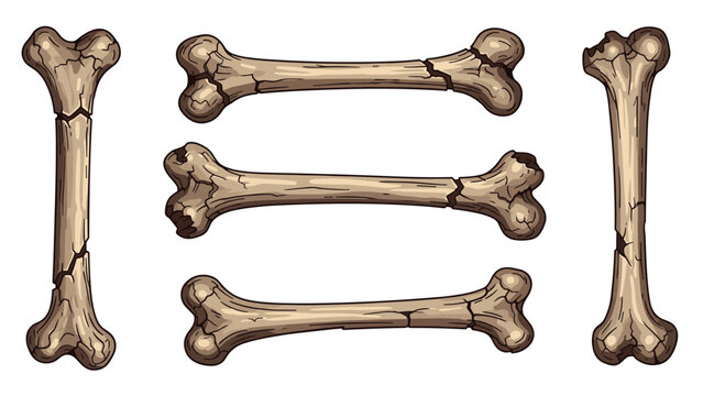 Set of old, cracked, and broken cartoon bones, illustrating ancient fossils or Halloween elements isolated on a white background.