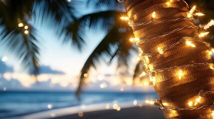 Festive palm tree with string lights on a tropical beach at sunset
