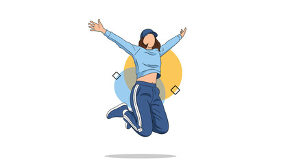 Fototapeta premium Happy young woman in casual street style clothes jumping in the air with arms outstretched, expressing joy, freedom, and youthful energy.
