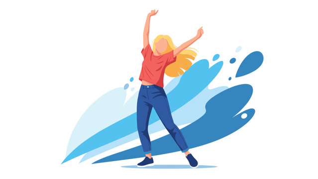 Happy faceless woman with blonde hair dancing with joy and freedom, with her arms raised against a dynamic blue splash background.