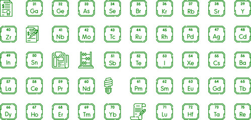 set of green neon icons on transparent background, including various symbols and objects. vector illustration, vector pictograms, vector icons set