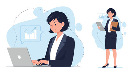 Set of two illustrations of a professional businesswoman in a suit, one working on a laptop and one standing with a tablet.