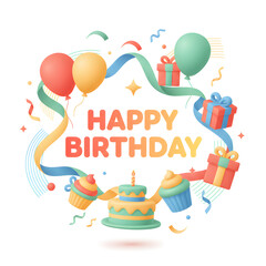 Joyful Happy Birthday Vector Illustration with Vibrant Gradient Palette Cake, Colorful Balloons, Festive Ribbons, and Present Boxes