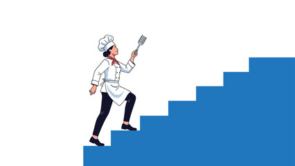 Female chef in uniform and hat holding a spatula like a torch while climbing a set of stairs, symbolizing career growth.