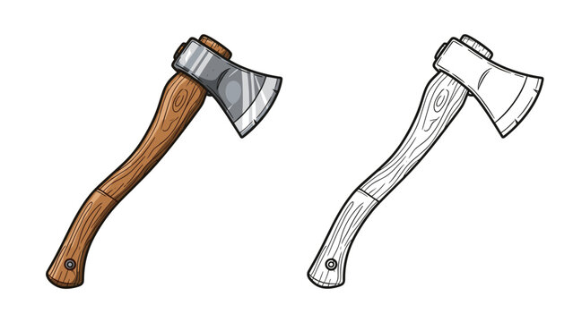 Vector illustration of a classic hand axe with a wooden handle and steel head, shown in both full color and black outline.
