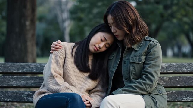 Comforting Asian Woman Supporting Friend on Bench in Park