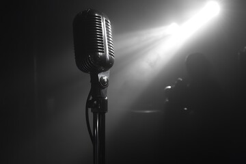 A lone microphone under a dramatic spotlight awaits a voice, a powerful symbol of performance and storytelling, captured in dramatic black and white.
