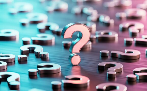 A captivating 3D render depicts many shiny metallic question marks scattered on a reflective dark surface One stands out illuminated by vibrant neon blue and pink gradient lighting The image evokes a  - Powered by Adobe