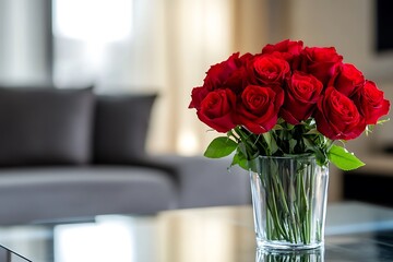A passionate bouquet of deep red roses, a symbol of romance and love, sits elegantly in a clear glass vase on a sleek glass table, bathed in soft light.
