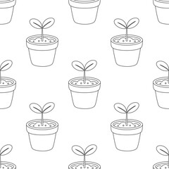 seamless outline pattern of seedling in pot