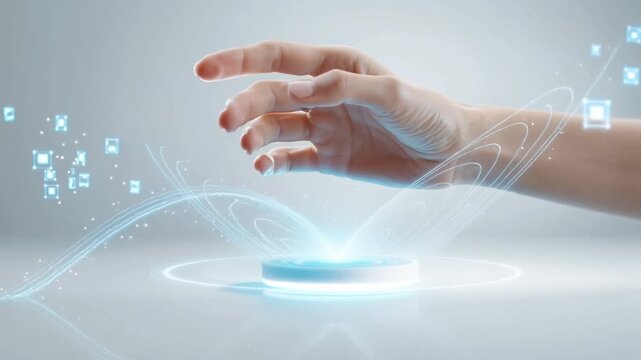 Finger pressing luminous circular touchpoint symbolizing futuristic innovation