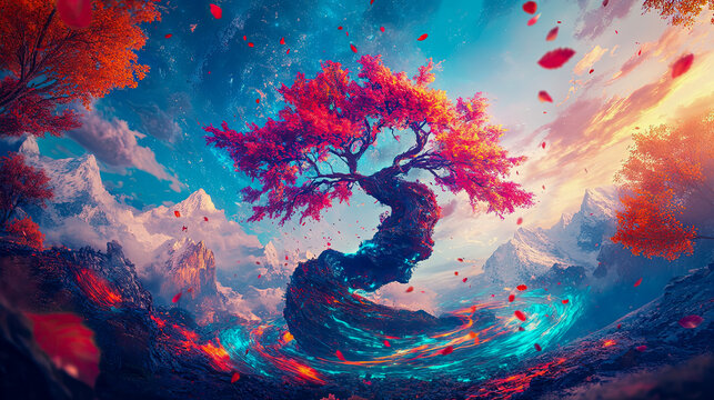 Epic Fantasy Landscape featuring ancient, gnarled tree ablaze with crimson leaves, rooted in swirling turquoise and lava energy vortex surrounded by towering snowy peaks.