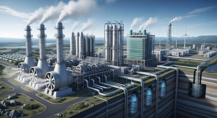 Fototapeta premium A large, industrial plant with multiple towers, pipes, and machinery, emitting smoke and surrounded by greenery and mountains in the background.