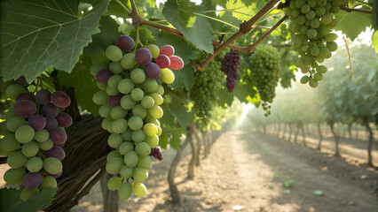 Lush Vineyard with Ripe Red and Green Grapes Hanging on Vines in Misty Morning Light vineyard, grapes, ripe, red, green, vines, misty, morning, sunlight, rows, harvest, wine, agriculture, viticulture,