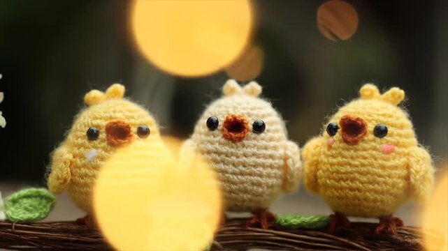 Crocheted easter chickens on branch with bokeh background