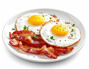 Crispy bacon strips with fried eggs, white plate. AI