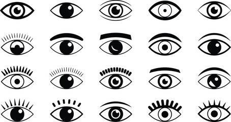 Eye Icons Silhouette Collection Vector Illustration, Human Eyes with Different Shapes Eyelashes and Expressions, Black Minimal Design Set