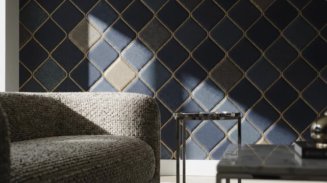 Living Room Interior Design Displaying Blue Diamond Patterned Wall Panel With Golden Seams