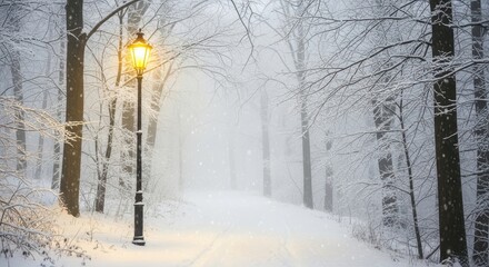 Enchanting winter forest path illuminated by a single vintage lamp post