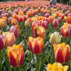 Obraz premium “Vibrant Colorful Tulip Field in Full Bloom Under Blue Sky, Endless Rows of Pink Yellow and Orange Tulips in Spring Landscape, Beautiful Flower Farm Countryside Nature Background”