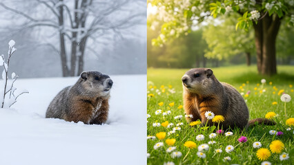 Groundhog emerges from winter snow to greet spring blossoms