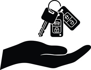 Black Silhouette of a Hand Holding Car Keys and Remote Fobs Isolated on White Background for Automotive Sales Rental and Insurance