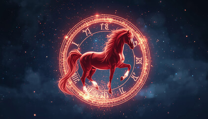 Majestic red horse of the zodiac standing in the center.