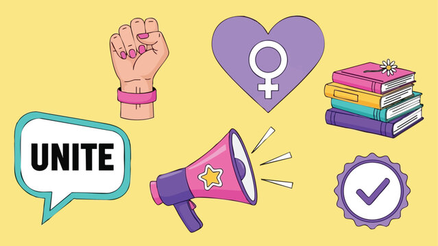 Colorful flat design icons empowering feminism with raised fist, female gender symbol heart, unite speech bubble, books stack, megaphone, and approval check badge on yellow background
