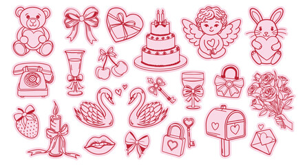 Valentines Day sticker set. Romantic collection of hand drawn love and Valentines Day elements. Illustration.