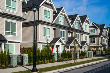 Row of modern townhouses in Vancouver BC, Canada