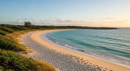 Serene coastal landscape with sandy beach and turquoise waters at sunrise