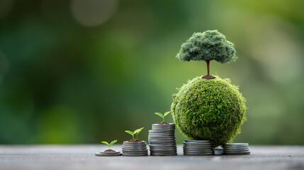 Green business growth. Finance for Sustainable Investments, ESG Funds or Sustainability Funds. Tree growing on pile of coins with graph and green globe