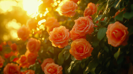 Beautiful close-up of lush apricot-colored rose flowers dramatically glowing against deep green leaves, bathed in brilliant warmth of golden hour sunset.