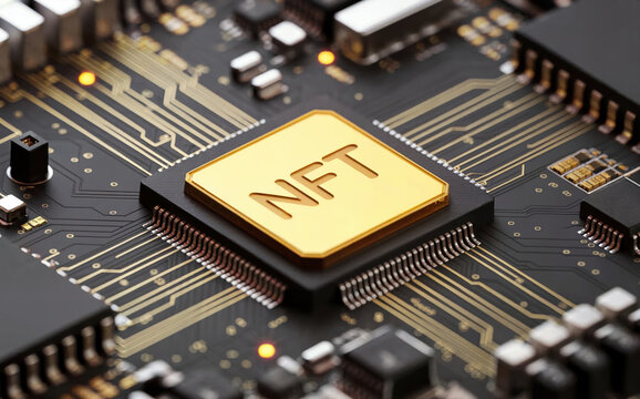 Highly detailed macro render of a prominent golden NFT non fungible token chip centered on a dark grey circuit board Intricate electronic components and glowing golden pathways surround it Bright focu - Powered by Adobe