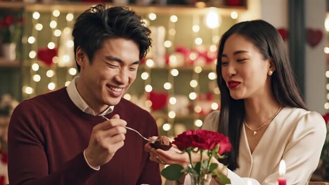 Two smiling individuals share dessert at a table with red roses candles and background lights